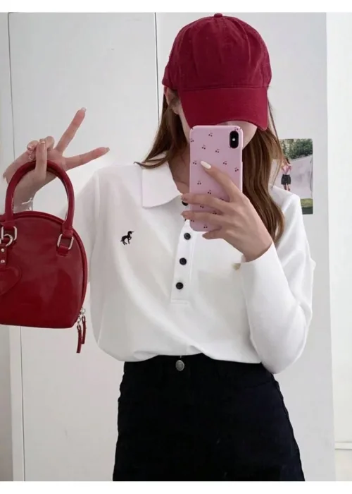 Beyaz Nakışlı Polo Yaka Uzun Kol T-shirt