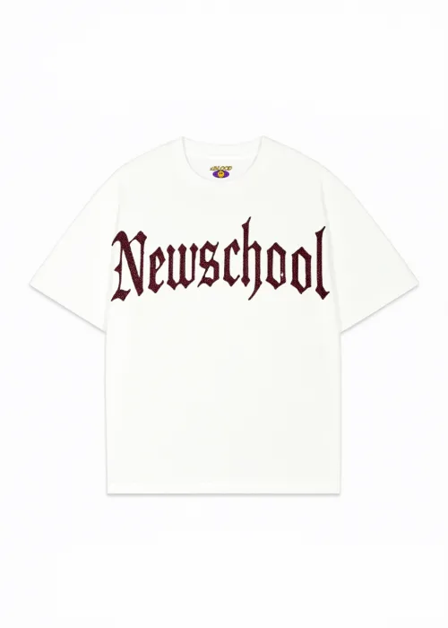 Beyaz NewSchool Kırmızı Taş Baskılı Oversize Unisex T-shirt