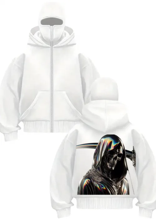 Beyaz Ölüm Meleği Baskılı Kar Maskeli Unisex Sweatshirt Hırka