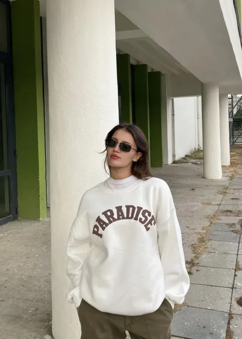 Beyaz Paradise Bisiklet Yaka Oversize Unisex