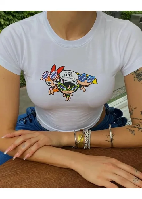 Beyaz Power Puff Girls Baskı Desenli Power Cute Model Crop Body