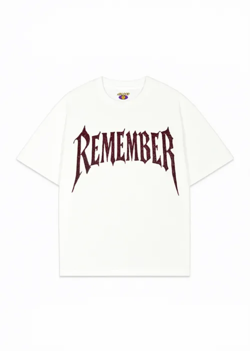 Beyaz Remember Kırmızı Taş Baskılı Oversize Unisex T-shirt