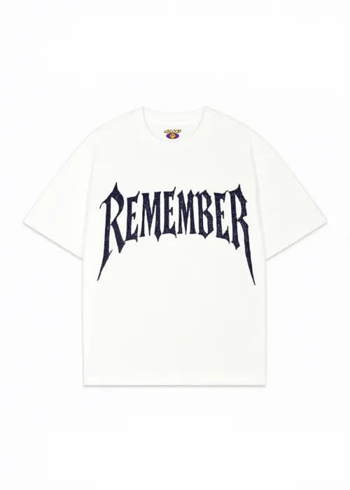 Beyaz Remember Mavi Taş Baskılı Oversize Unisex T-shirt