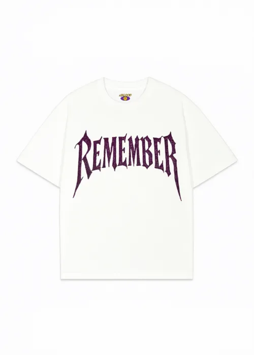 Beyaz Remember Pembe Taş Baskılı Oversize Unisex T-shirt