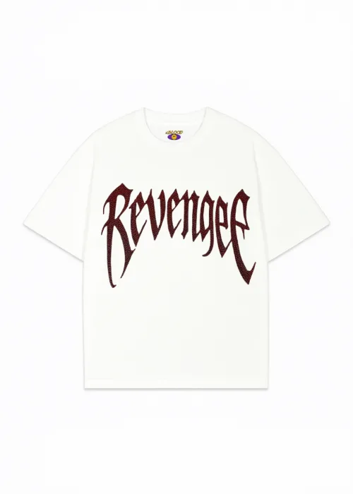 Beyaz Revenge Kırmızı Taş Baskılı Oversize Unisex T-shirt