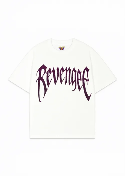 Beyaz Revenge Pembe Taş Baskılı Oversize Unisex T-shirt