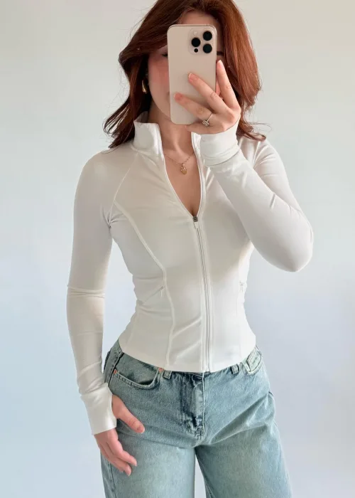 Beyaz Rover Fermuarlı Bluz