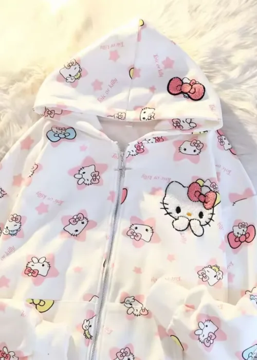 Beyaz Sanrio Anime Kawaii Hello Kitty Detaylı Hırka