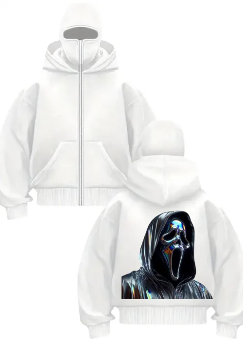 Beyaz Scream Holo Baskılı Kar Maskeli Unisex Sweatshirt Hırka