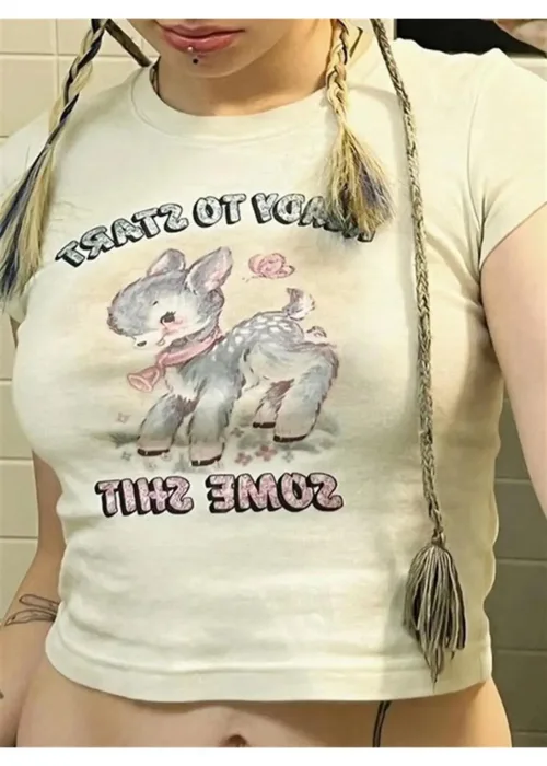 Beyaz Somee Shit Kuzucuk Baskı Desenli Crop Body