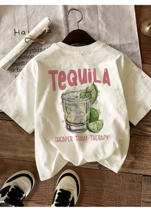 Beyaz Tequila Baskılı Oversize T-Shirt