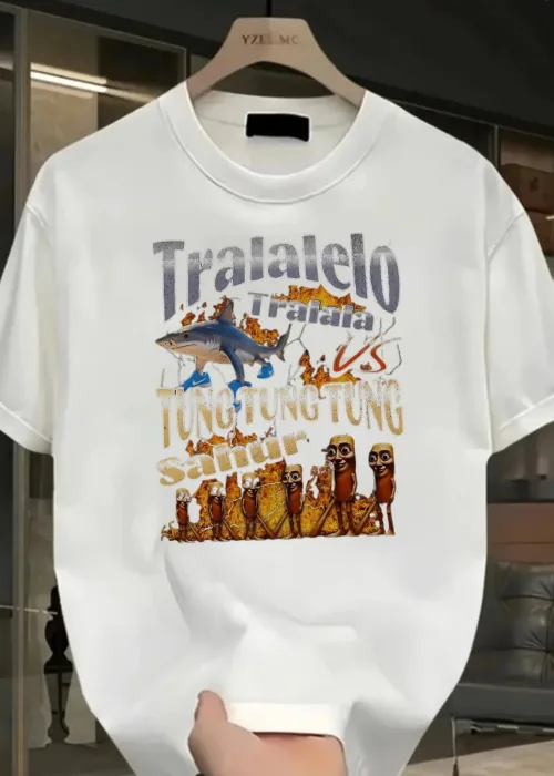 Beyaz Tung Tung Tung Sahur vs Tralalero Tralala Baskılı Unisex Oversize T-Shirt