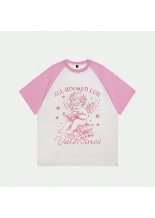 Beyaz Unisex Pembe Reglan Valentines T-Shirt