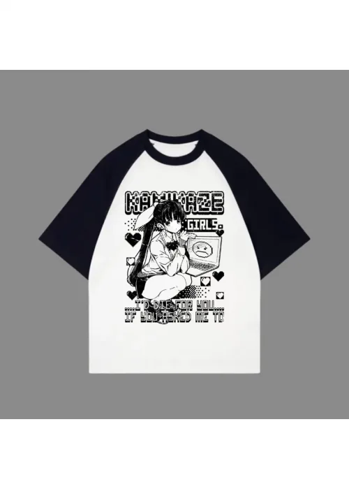 Beyaz Unisex Siyah Reglan Kamikaze T-Shirt