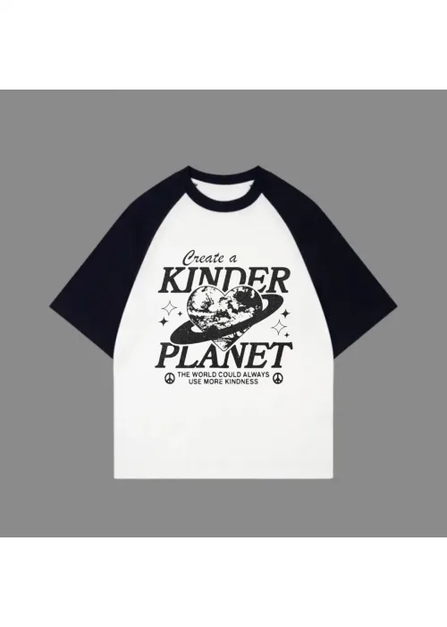 Beyaz Unisex Siyah Reglan Kinder Planet T-Shirt