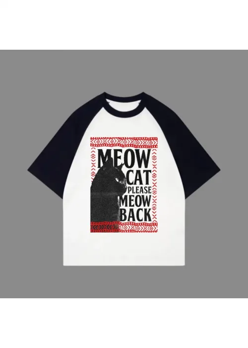 Beyaz Unisex Siyah Reglan Meow Cat T-Shirt