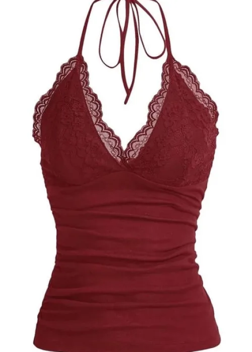 Bordo Dantelli V Yaka Gothic Boyun Bağlamalı Full Body Crop