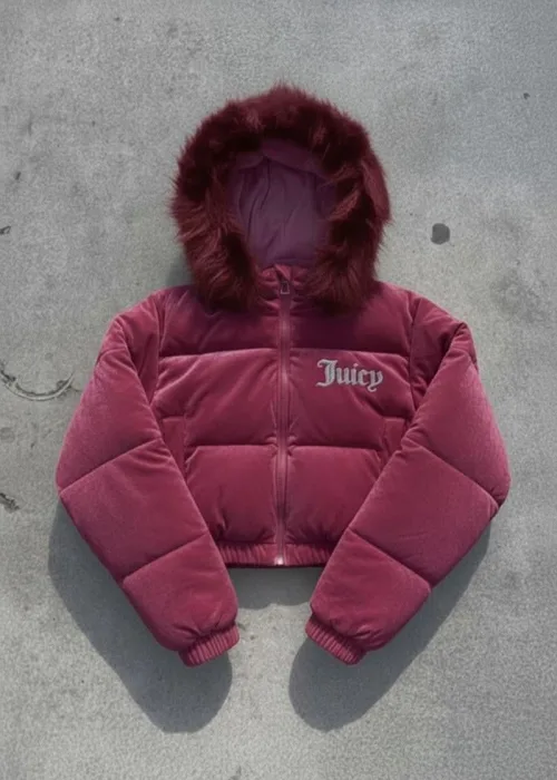 Bordo Juicy Peluş Kapüşonlu Şişme Crop Mont