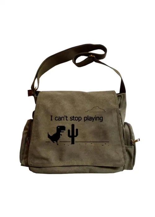 Dinosaur Game Baskılı Unisex Yeşil Postacı Çantası