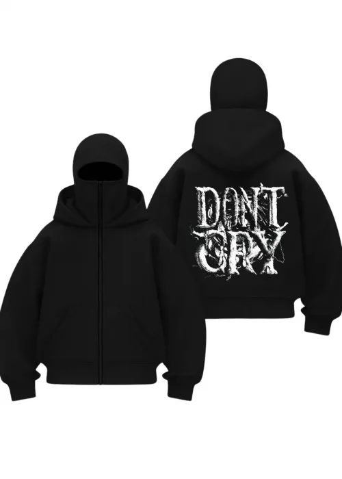 Dont Cry Baskılı Siyah Samuray Kar Maske Sweatshirt Hırka