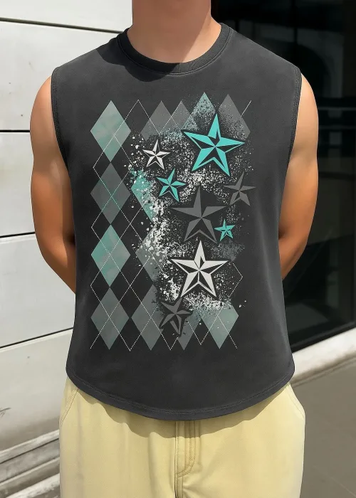 ETNİK DESEN Baskılı Unisex Oversize Yıkamalı Atlet