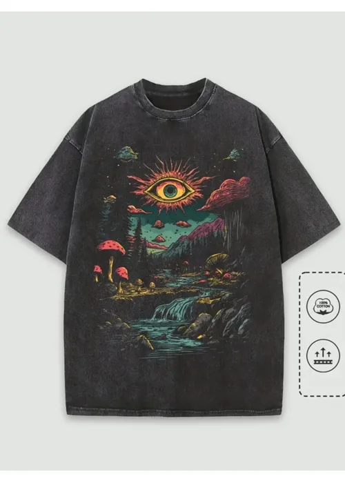 Fantastic Forest Baskılı Yıkamalı Vintage Unisex Oversize T-Shirt