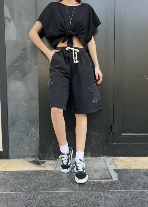 Füme Yıkamalı Yıldızlı Bermuda Şort