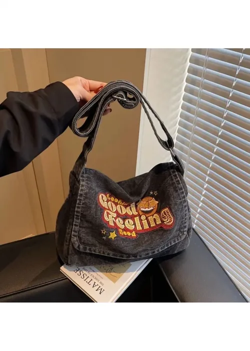 Good Feeling Text Yıkamalı Kot Postacı Çantası 1blood