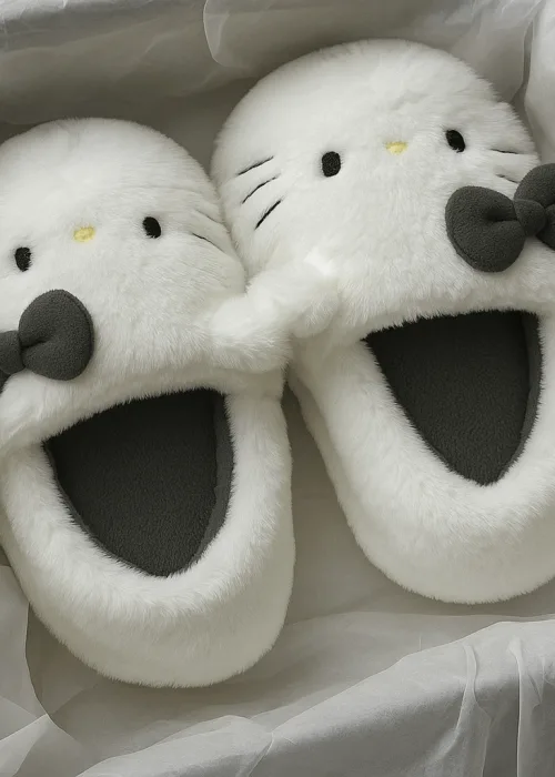 Gri Hello Kitty Yumuşak Tüylü Peluş Panduf Terlik