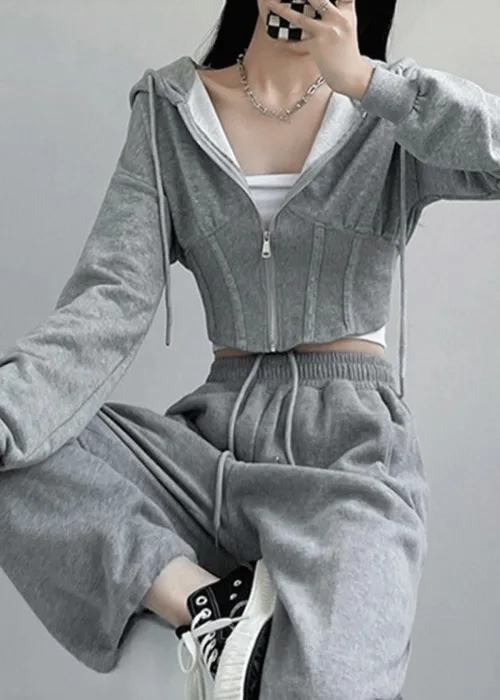 Gri Melanj Korse Kesim Y2K Crop Hırka & Eşofman Takımı