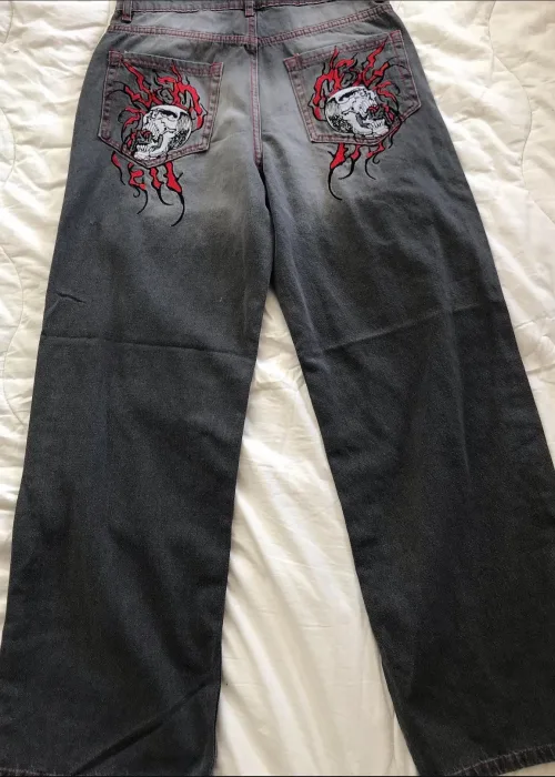 Gri Nakışlı Skeleton Heaven Can Wait Streetwear Jean Pantolon