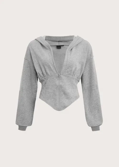 Gri Uzun Kollu Korse Kesim Fermuarlı Ceket