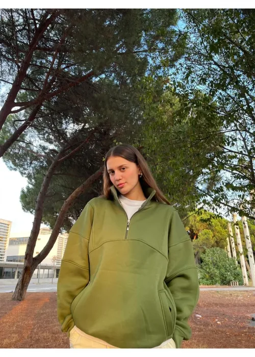 Haki Yeşil Fermuarlı Oversize Sweatshirt