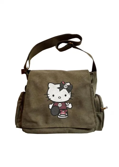 HELLO KİTTY GOTH BASKILI UNİSEX YEŞİL POSTACI ÇANTASI