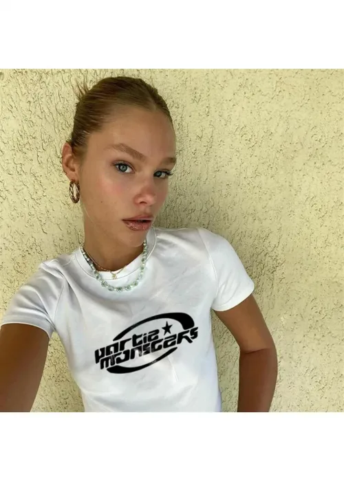 Hortie Monscars Desenli Kısa Kollu Beyaz Crop Body