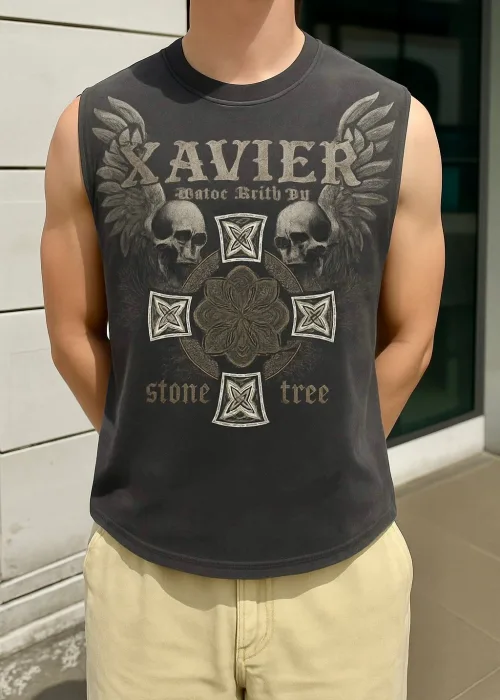 İSKANDİNAV DESEN Atlet Bisiklet Yaka Yıkamalı Vintage Unisex Oversize T-Shirt