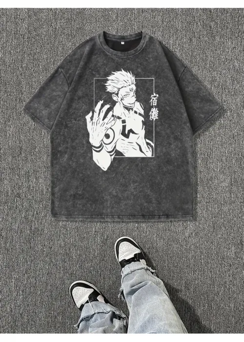 Jujutsu Kaisen Baskılı Yıkamalı Vintage Unisex Oversize T-Shirt