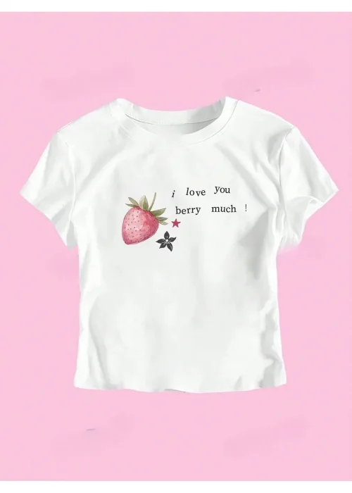 Beyaz Y2K I Love Berry Baskılı Bayb Tee Crop