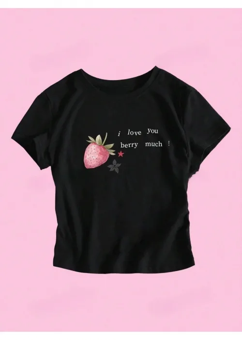 Siyah Y2K I Love Berry Baskılı Bayb Tee Crop