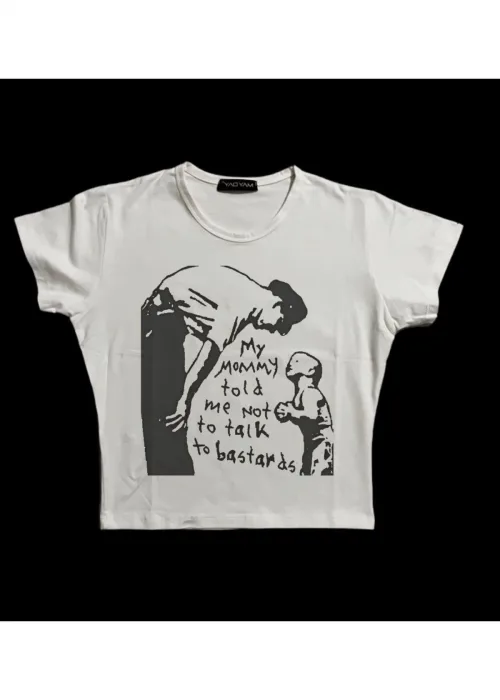 Kadın Üste Oturan Kalıp Bel Boy Crop Baskılı Bisiklet Yaka Baby Tee