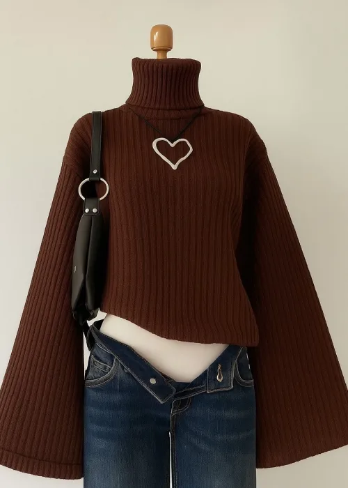 Kahverengi Boğazlı Triko Örme Kazak