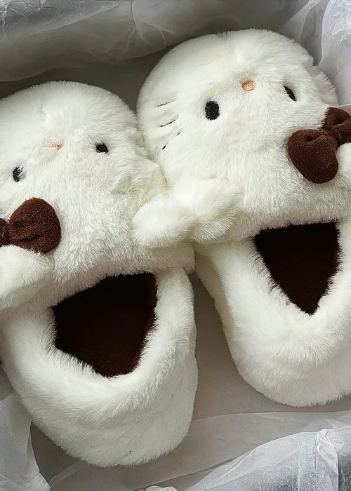 Kahverengi Hello Kitty Yumuşak Tüylü Peluş Panduf Terlik