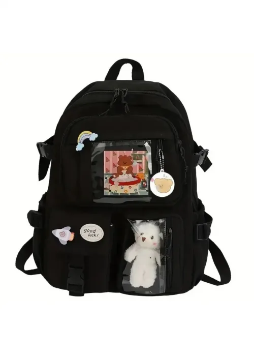 Siyah Kawaii Kore Tarzı Aksesuarlı Ve Ayıcıklı Premium Kalite Okul Sırt Çantası