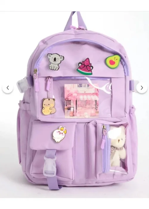 Mor Kawaii Kore Tarzı Aksesuarlı Ve Ayıcıklı Premium Kalite Okul Sırt Çantası