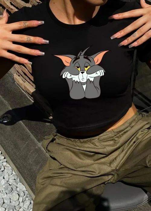 Kedi Tom Baskılı Desenli Kısa Kollu Siyah Crop Body