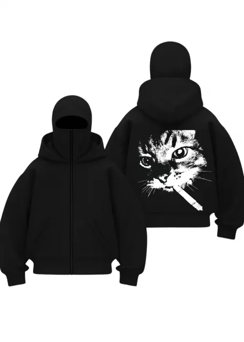 Kedy Cigarette Baskılı Siyah Samuray Kar Maske Sweatshirt Hırka