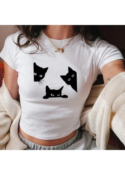 Kemer Boy Black Cat Baskılı Crop Bluz