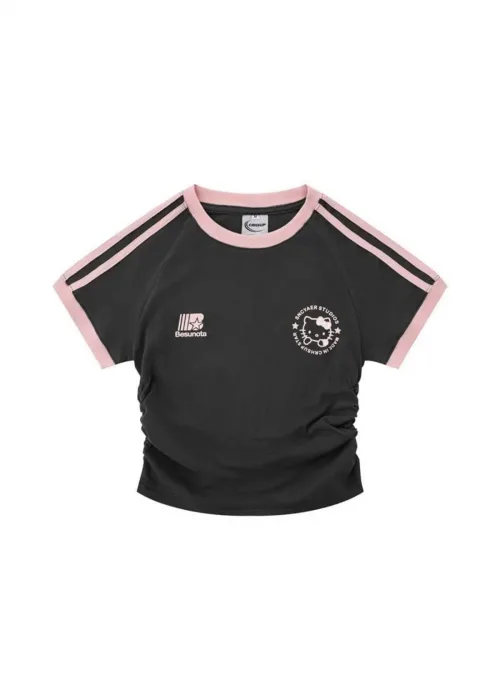 Kemer Boy Hello Kitty Büzgülü Baskı Siyah Pembe Detaylı Crop
