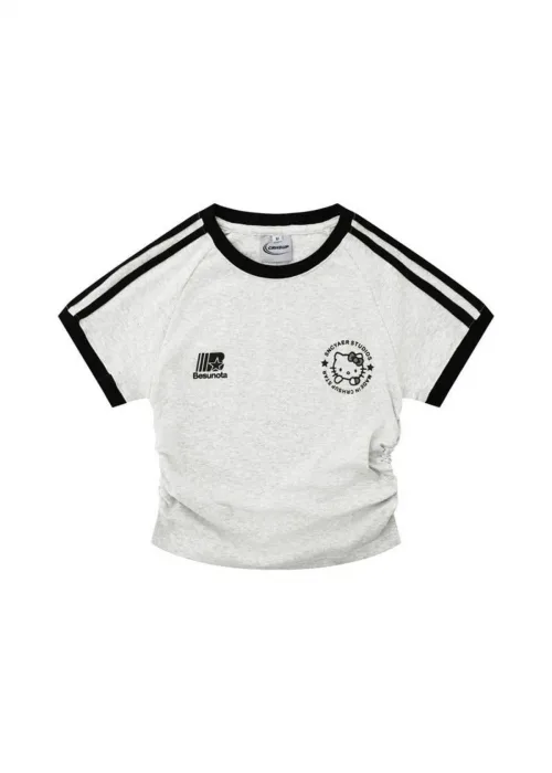 Kemer Boy Hello Kitty Büzgülü Baskı Detaylı Gri Siyah Crop