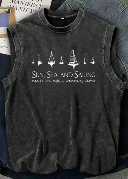 Line Sun Sea and Sailing Kolsuz Atlet Bisiklet Yaka Yıkamalı Vintage Unisex Oversize T-Shirt